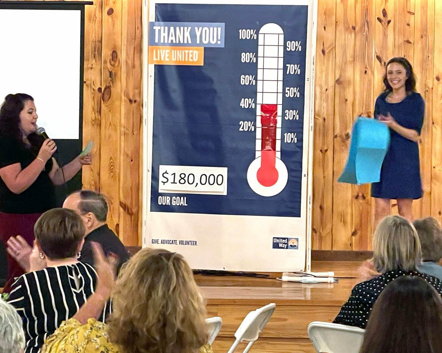 2024 Drive Chair Amanda Selby (left) and President Chade Shorten unveil the where the current drive stands at the United Way of Northeast Missouri 2024 Campaign Kickoff & Cork Pull. 